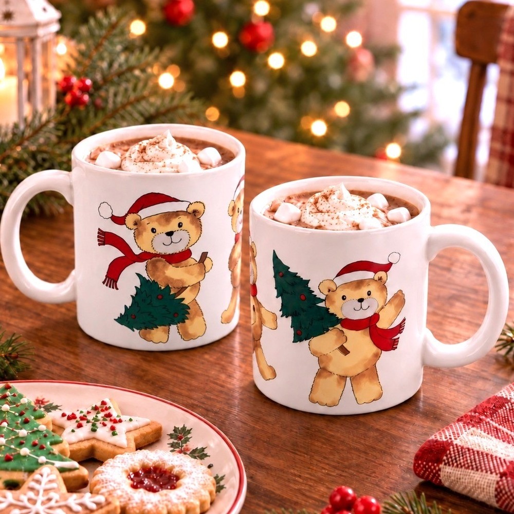 Vtg Set of 4 Christmas Bear Stoneware Mugs 12 oz. From Japan 1980s With Box